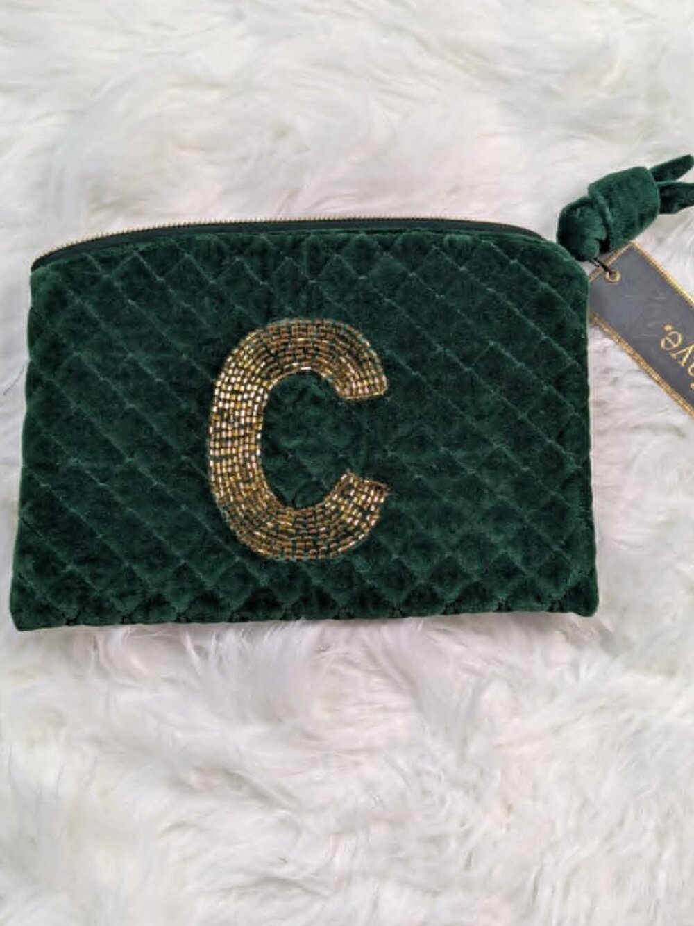 Lily + Faye Green Velvet Quilted Cosmetic Bag Makeup Pouch NWT